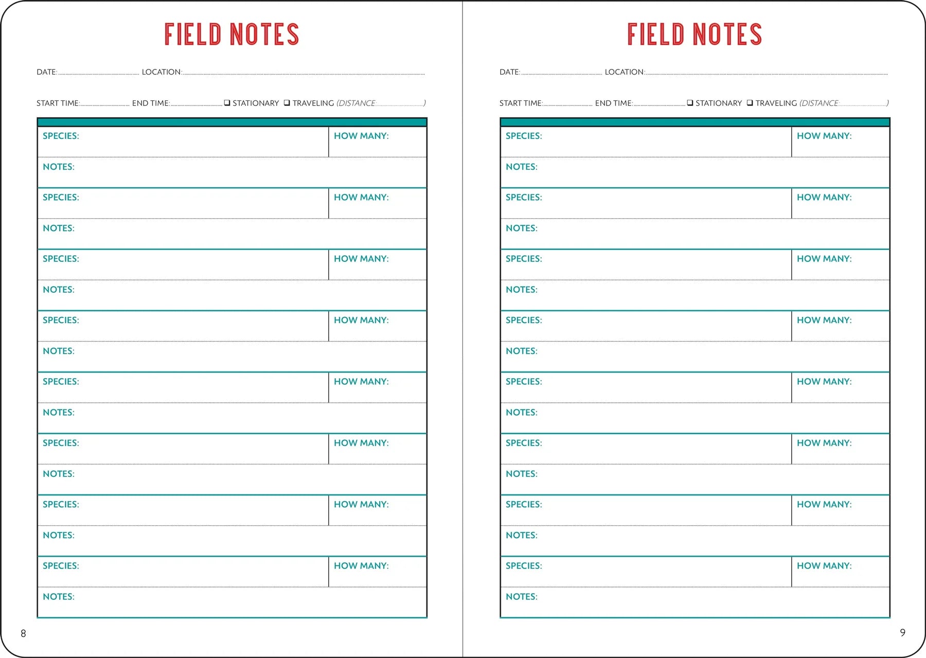 two pages of a book with charts that are labelled 'field notes'