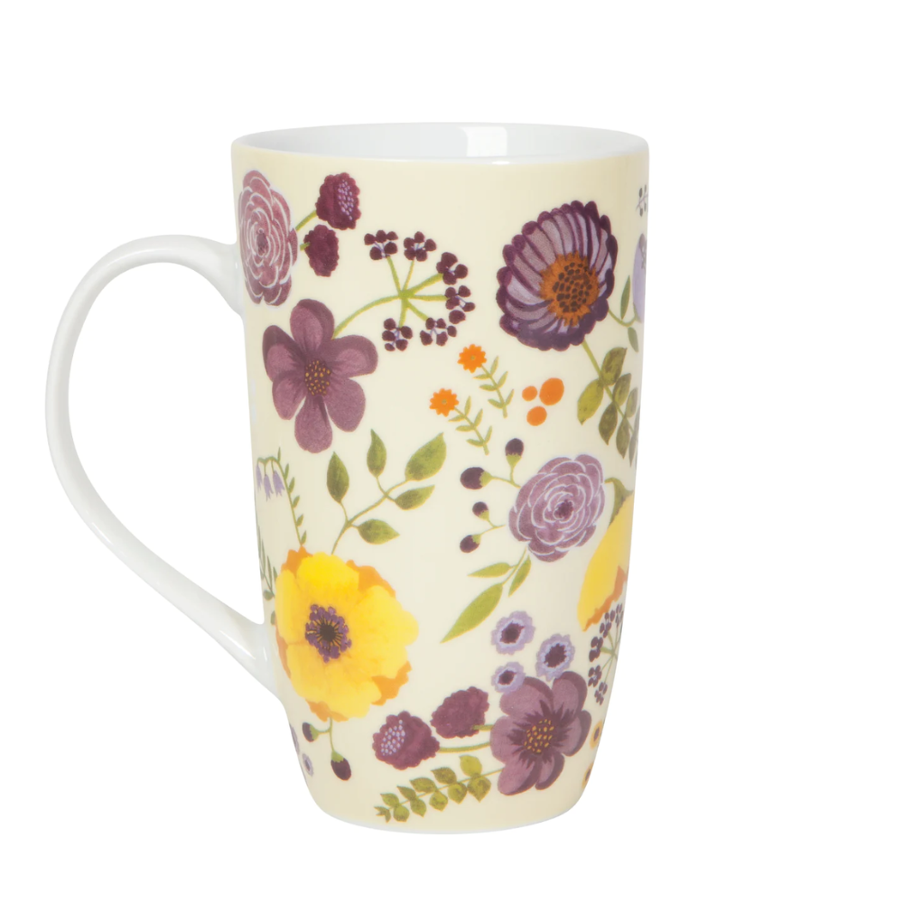 off white tall mug with different types of flowers in either purple, yellow, or orange 