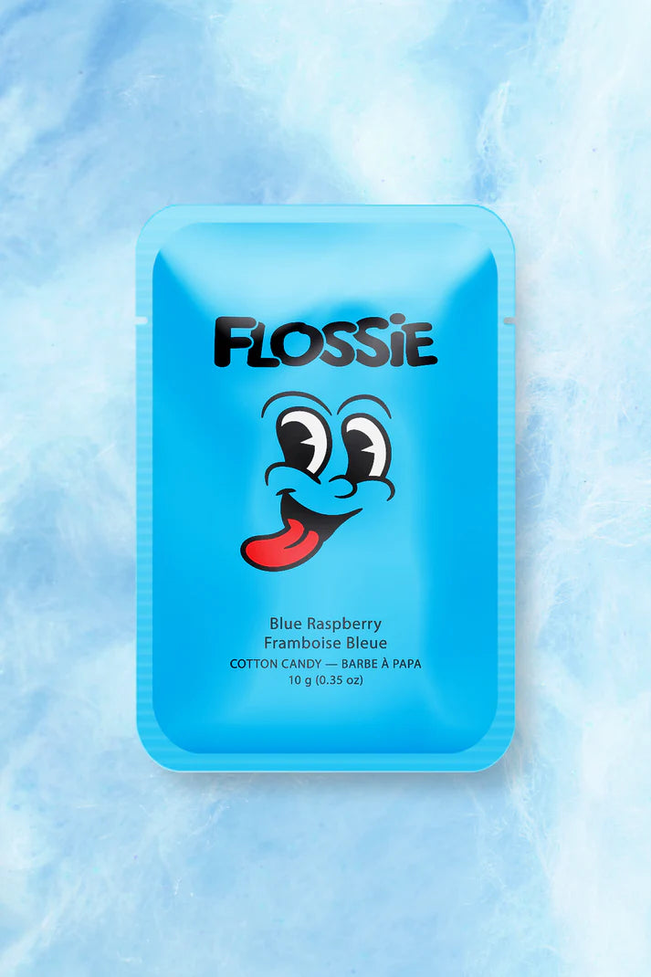 light blue rectangular package with the text "Flossie" and a smiling cartoonish face