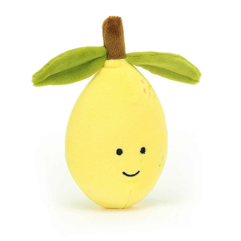 Plush light yellow smiling lemon with green leaves and brown stems