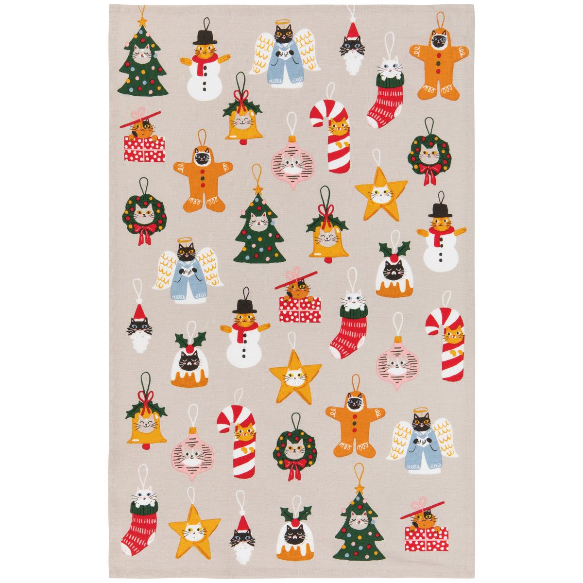 Bauble Cats Christmas Tea Towel, Grey