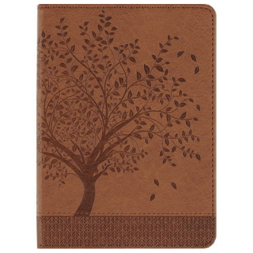 Light brown journal cover with a dark brown tree, and a dark brown intricate design at the bottom