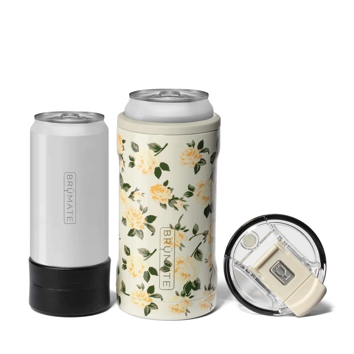 Off white with white flower pattern cylindrical can holder, alongside a black cylindrical can stand with a colour matched lid next to it