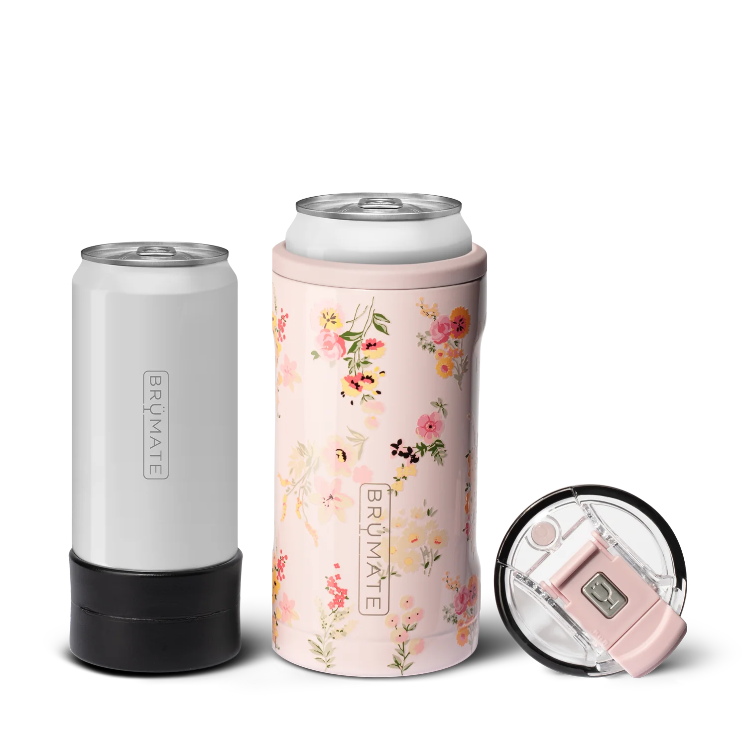 Light pink with yellow palleted flower pattern cylindrical can holder, alongside a black cylindrical can stand with a colour matched lid next to it