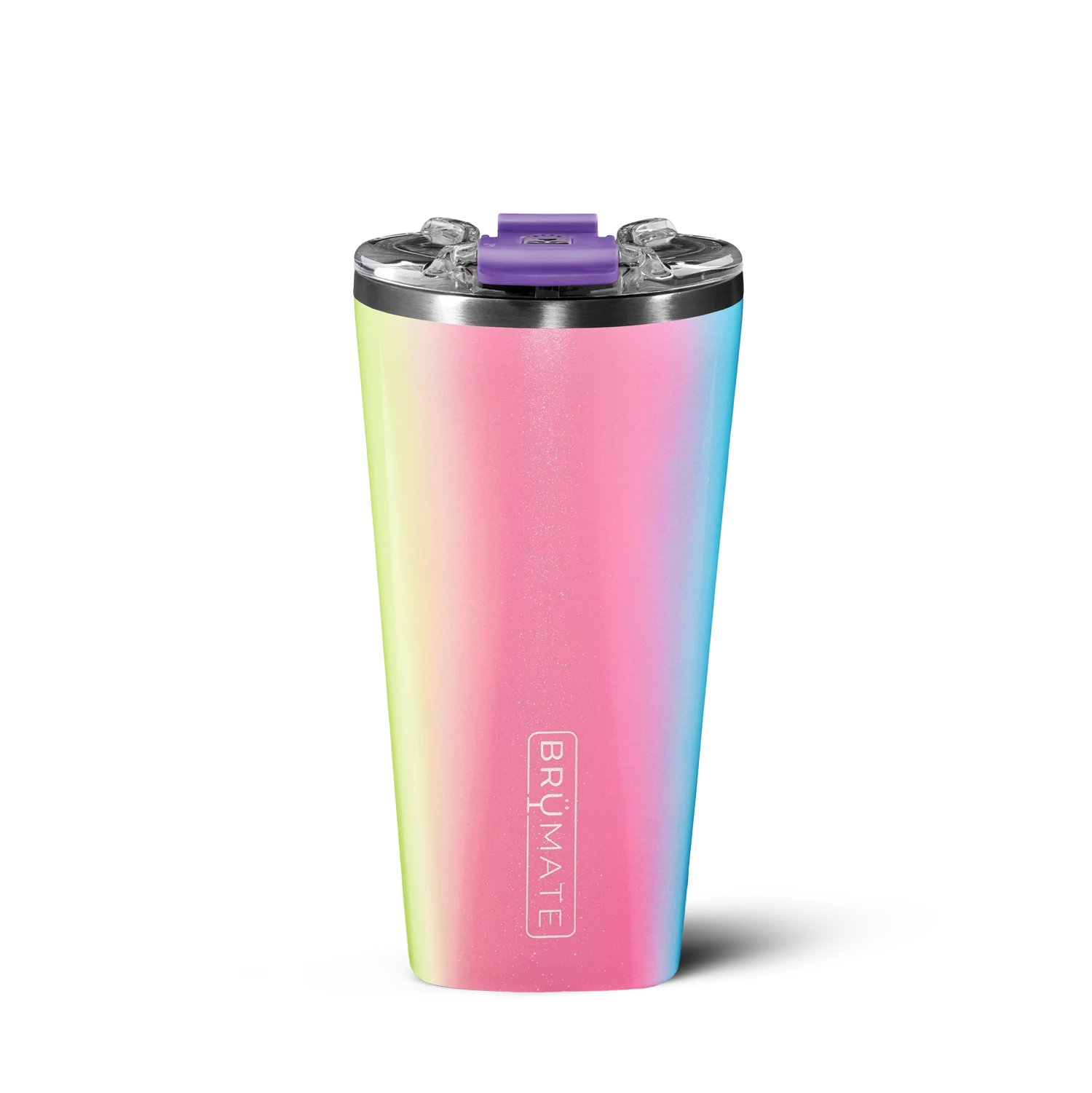 Glitter-infused multi-coloured insulated pint glass with brumate etched vertically into the side