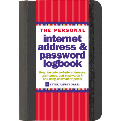 black journal with a light red band that says "the personal address & password logbook"