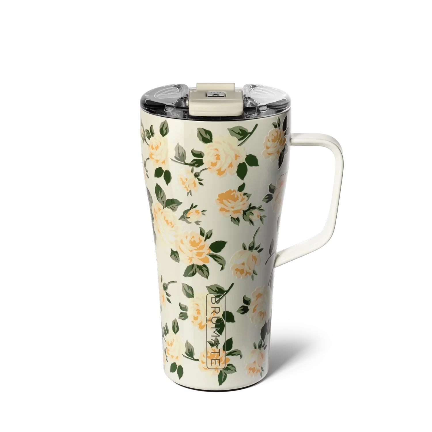 tall white pint glass shaped mug with a white flower pattern