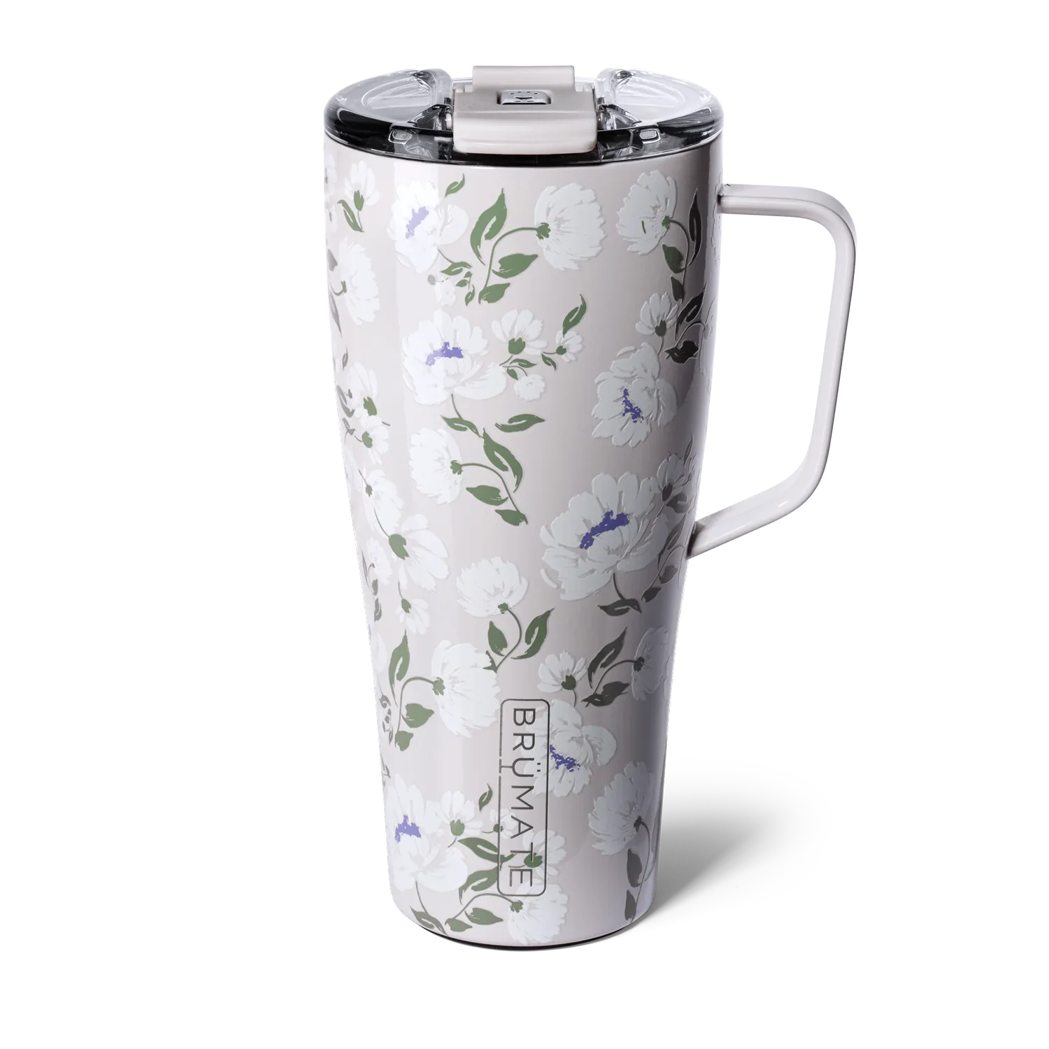 tall white pint glass shaped insulated mug with a white flower pattern 