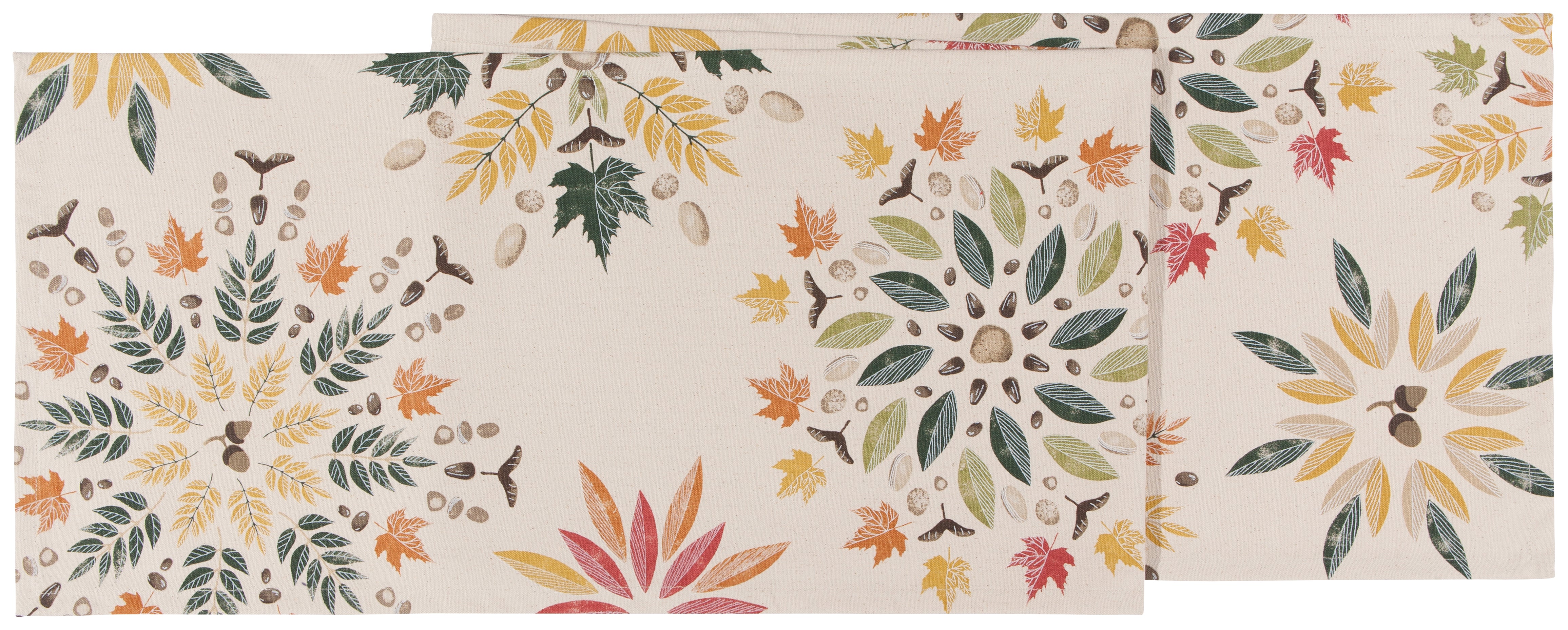 Light grey semi-folded table runner with patterns that include various leaves and nuts in a variety of different colours 