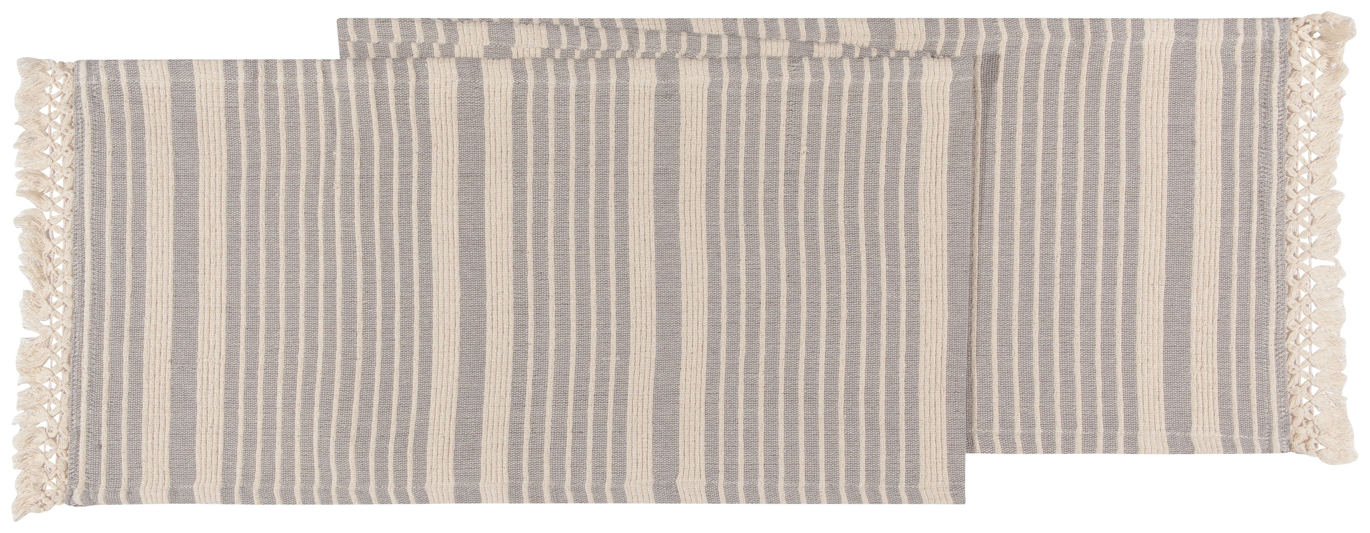Off-white semi-folded table runner with grey stripes of different lengths