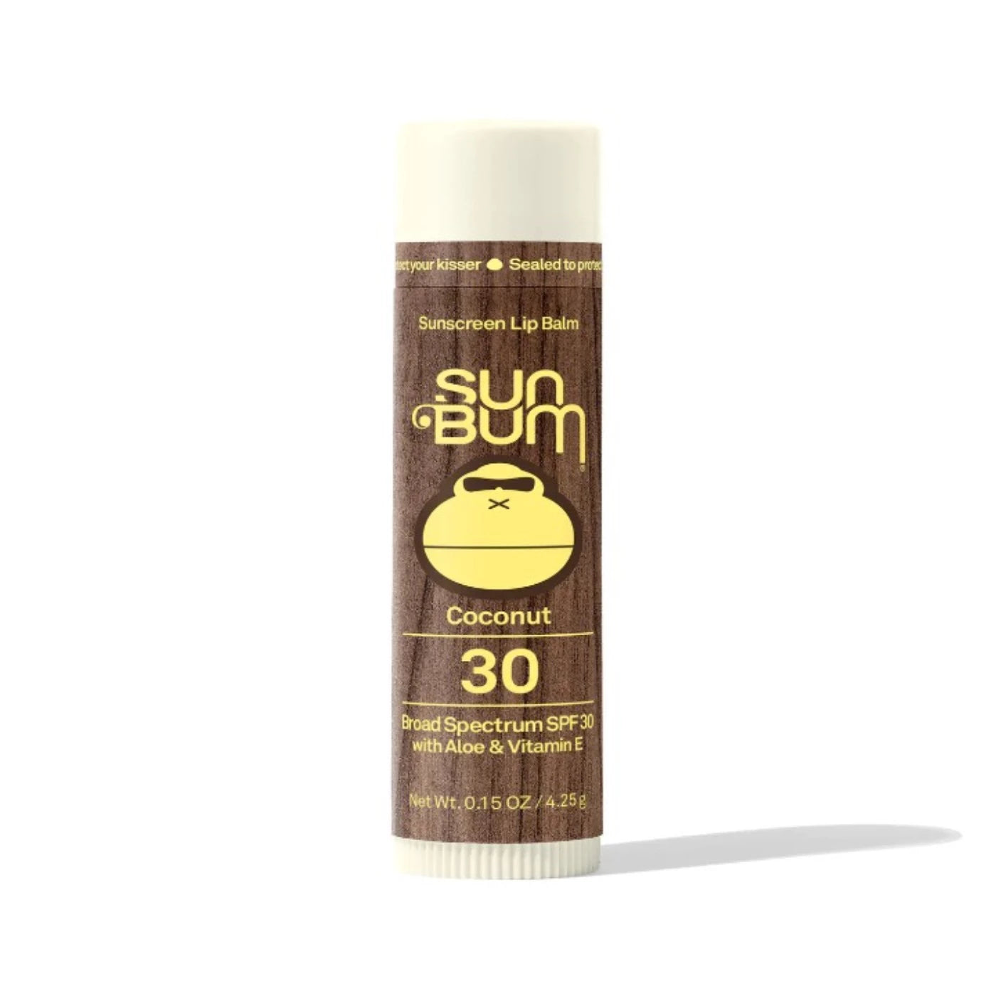 Lip balm container with a white top and bottom, wood grain centre, along with the sun bum wordmark and mascot