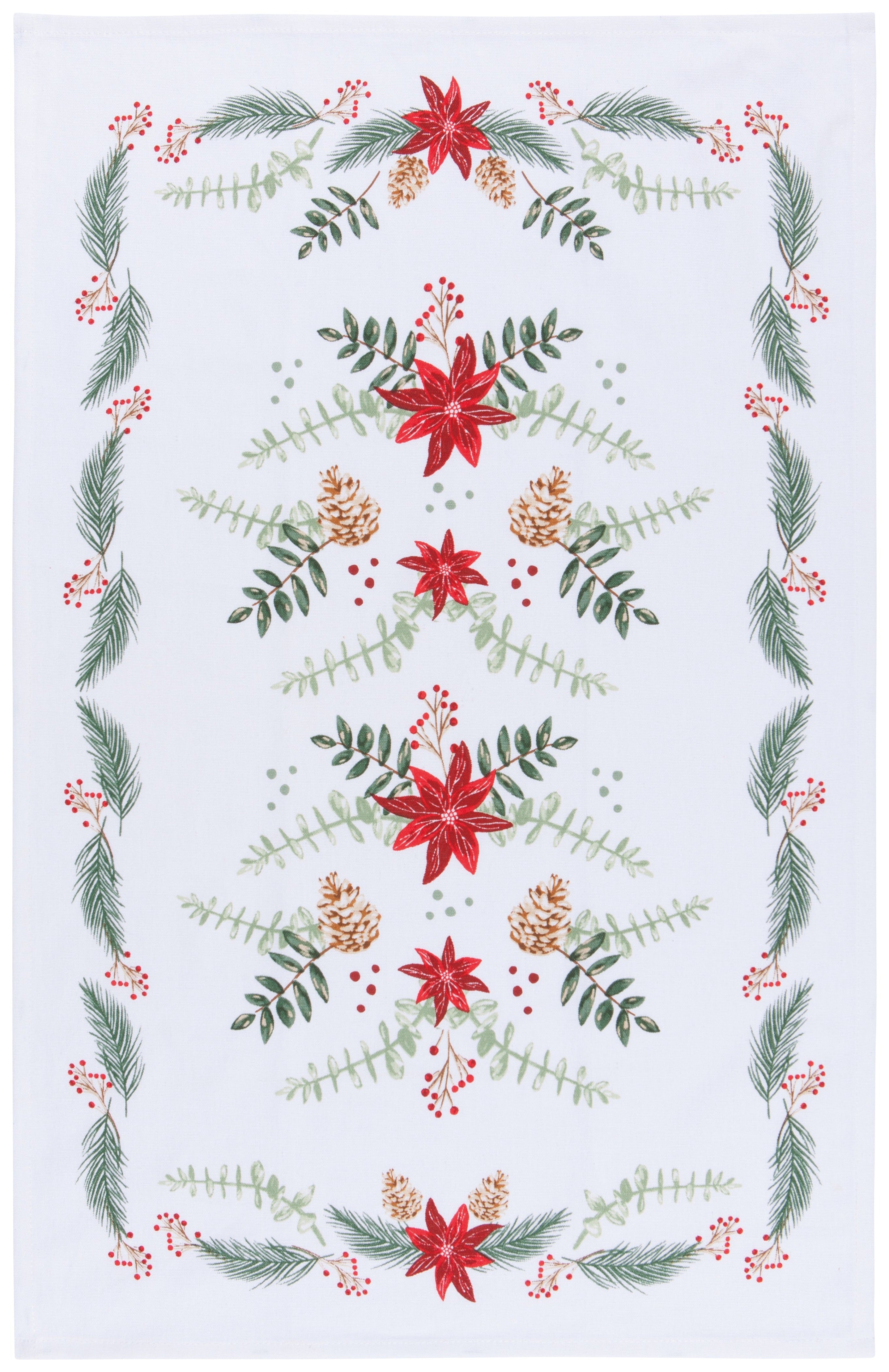 White dish towel bordered by spruce needles, with red poinsettas in a row in the middle