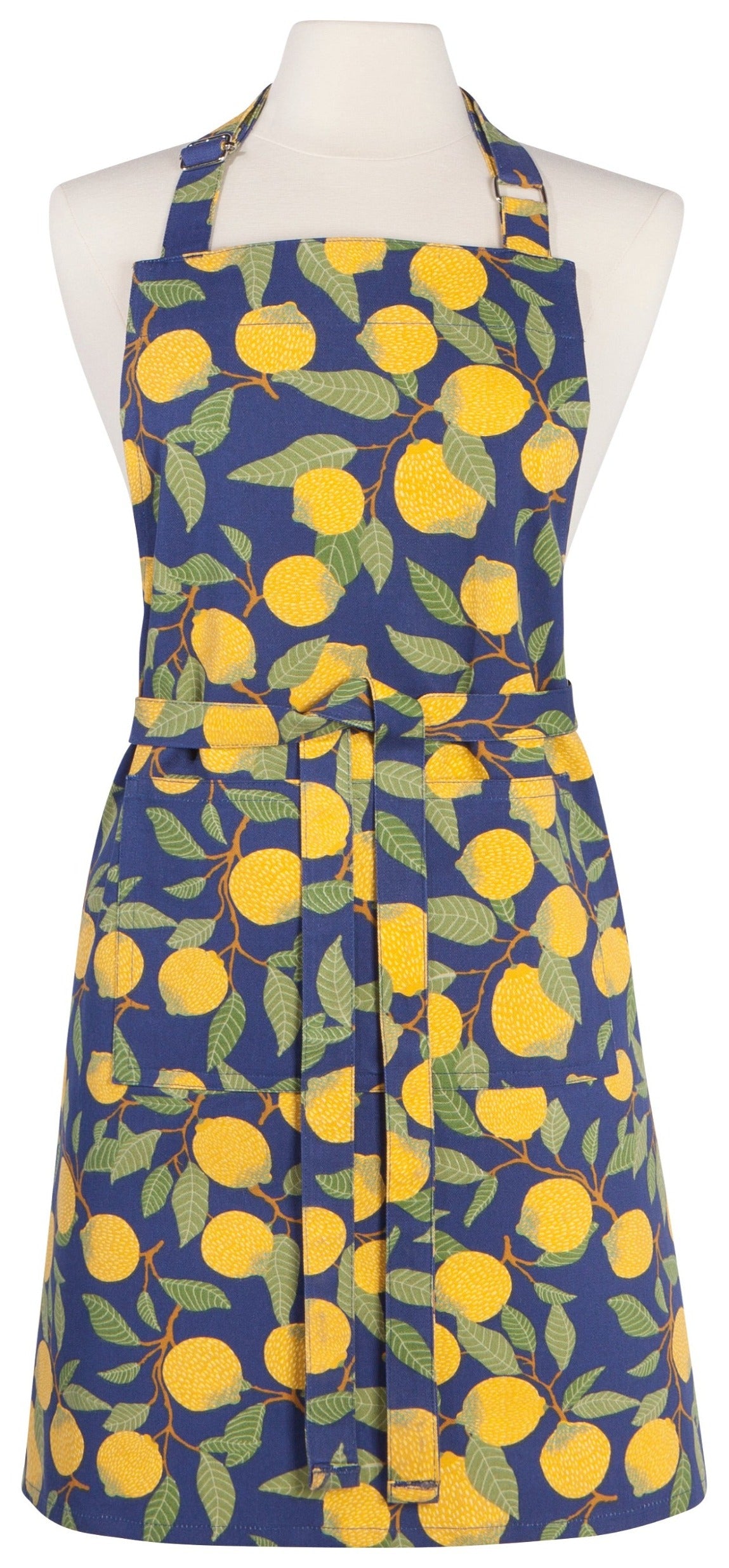 blue apron with lemons attached to stems printed on it