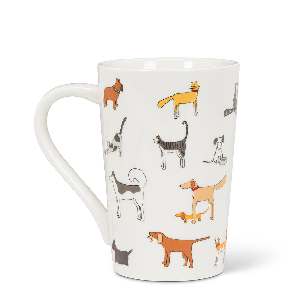Tall white mug with various different dogs and cats done in a simplistic art style 
