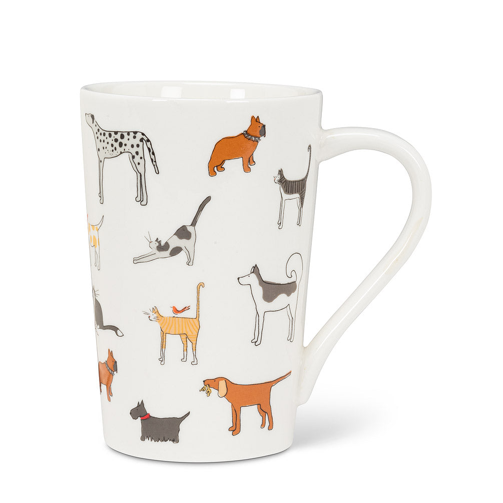 Tall white mug with various different dogs and cats done in a simplistic art style 