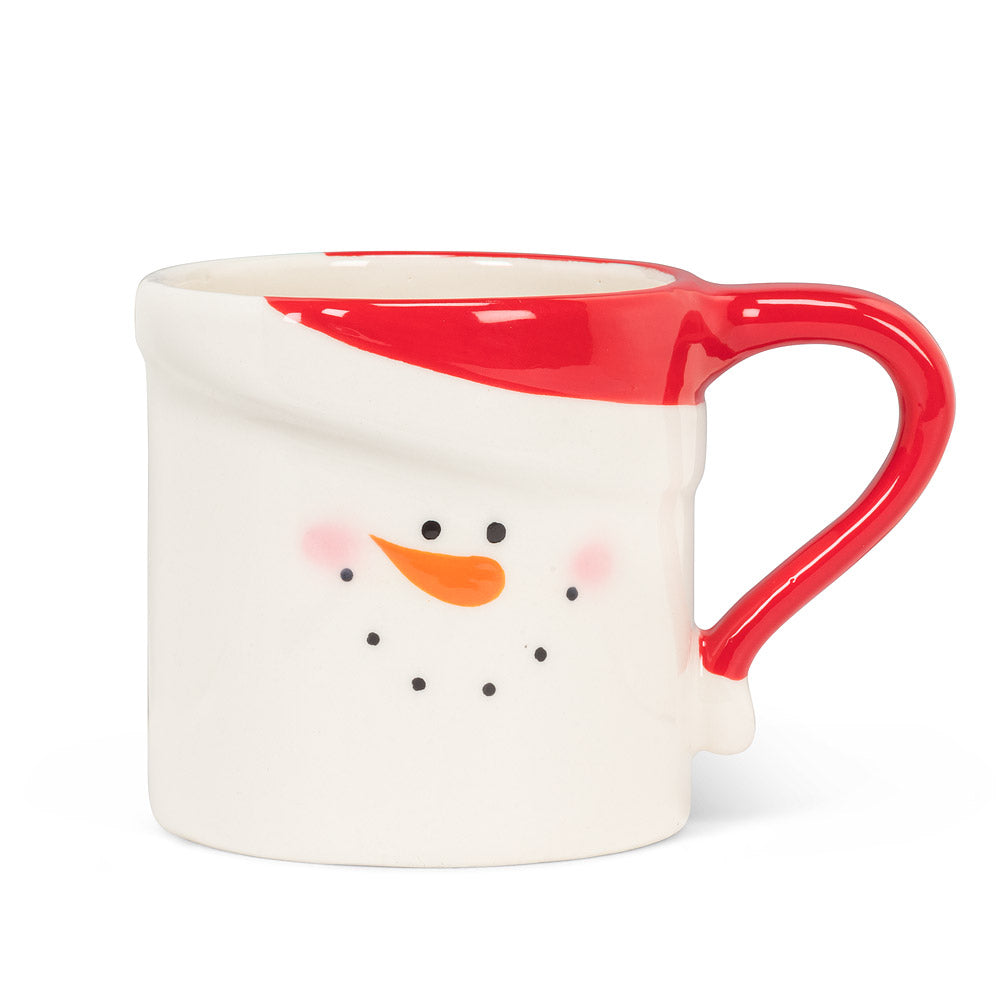 white and red mug with a smiling snowman face in the middle