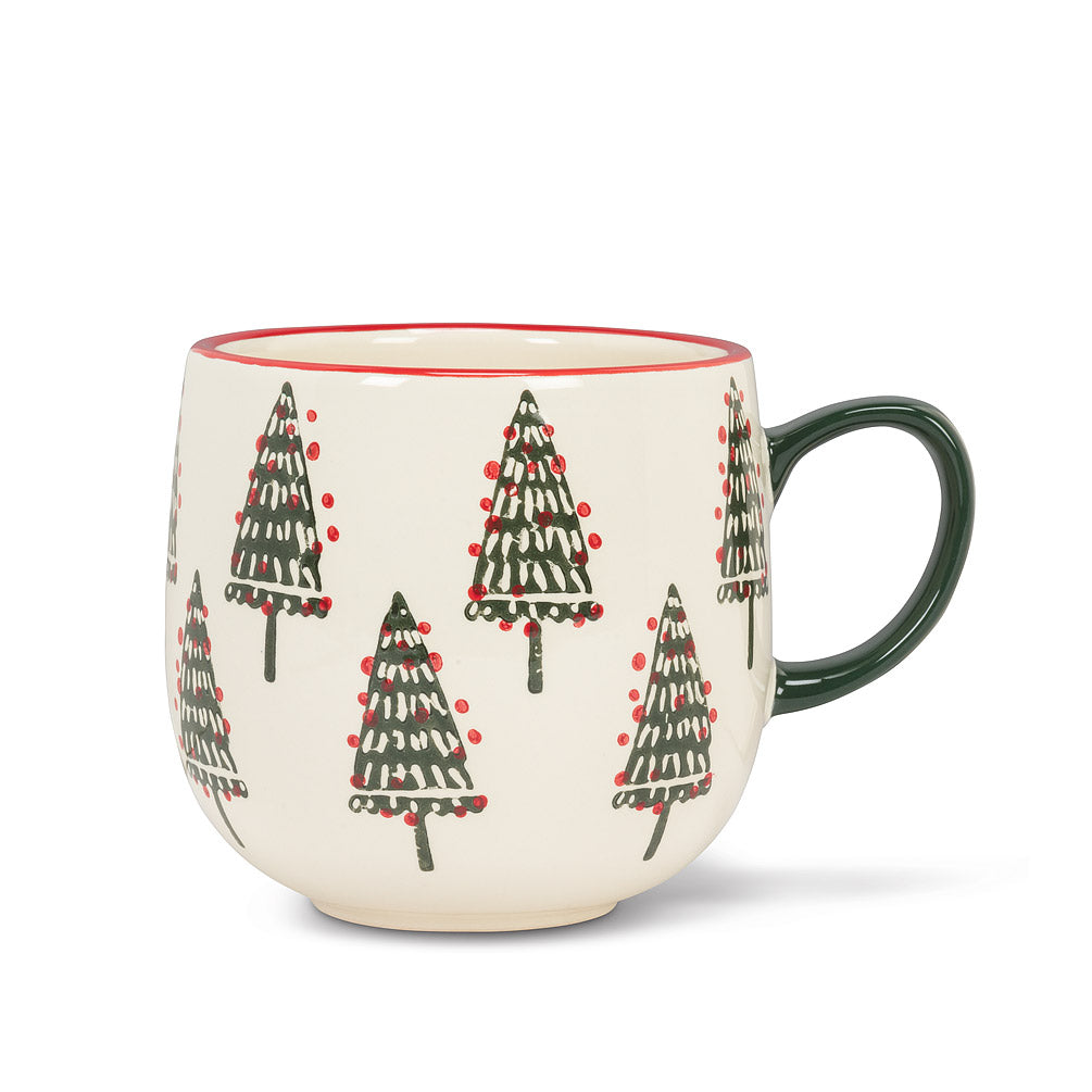 White round mug with a red rim and black handle, with painted christmas trees in a pattern