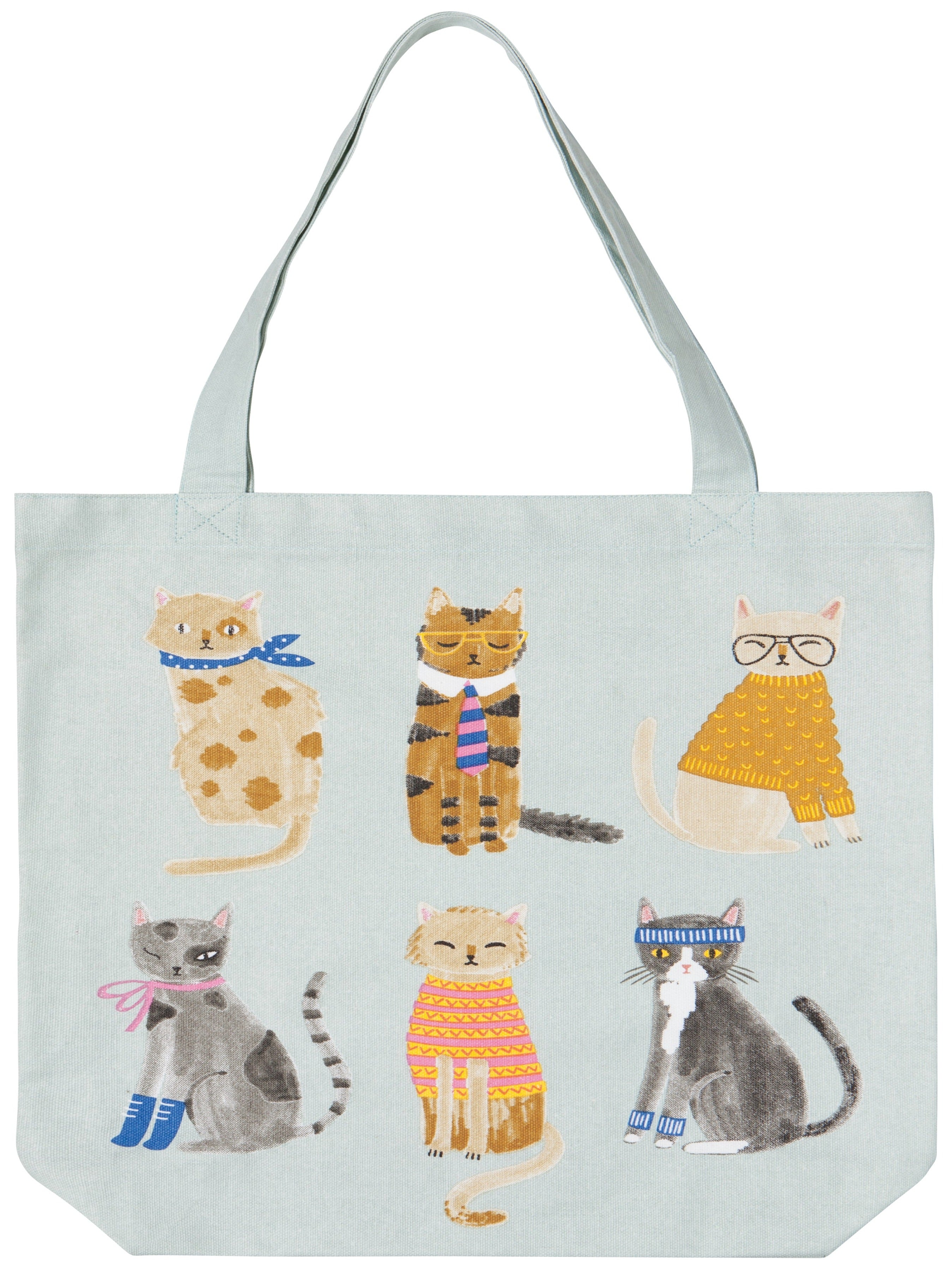 light blue tote bag with differently coloured cats wearing various clothing 