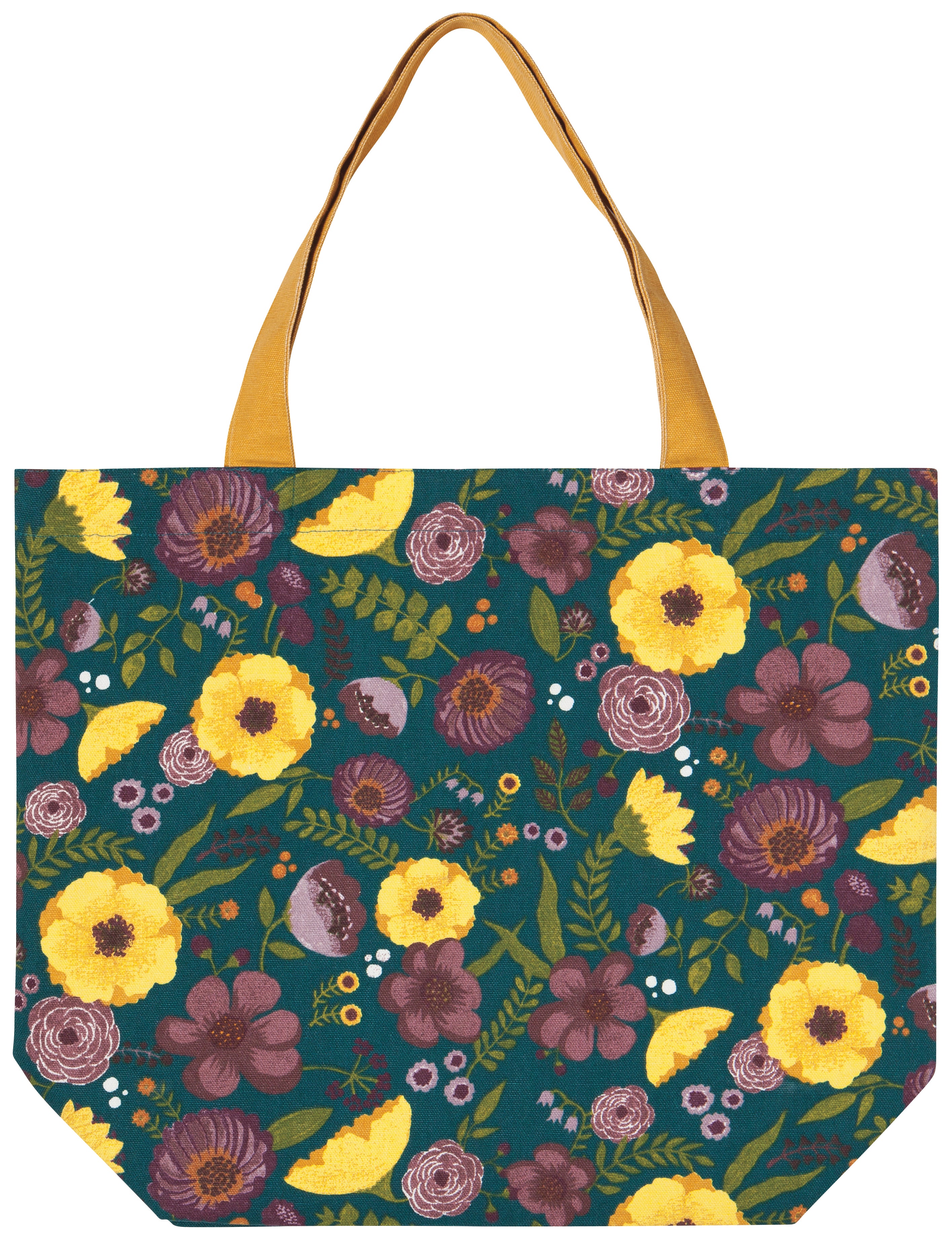 dark green tote bag with yellow handles, yellow and purple flowers with green stems