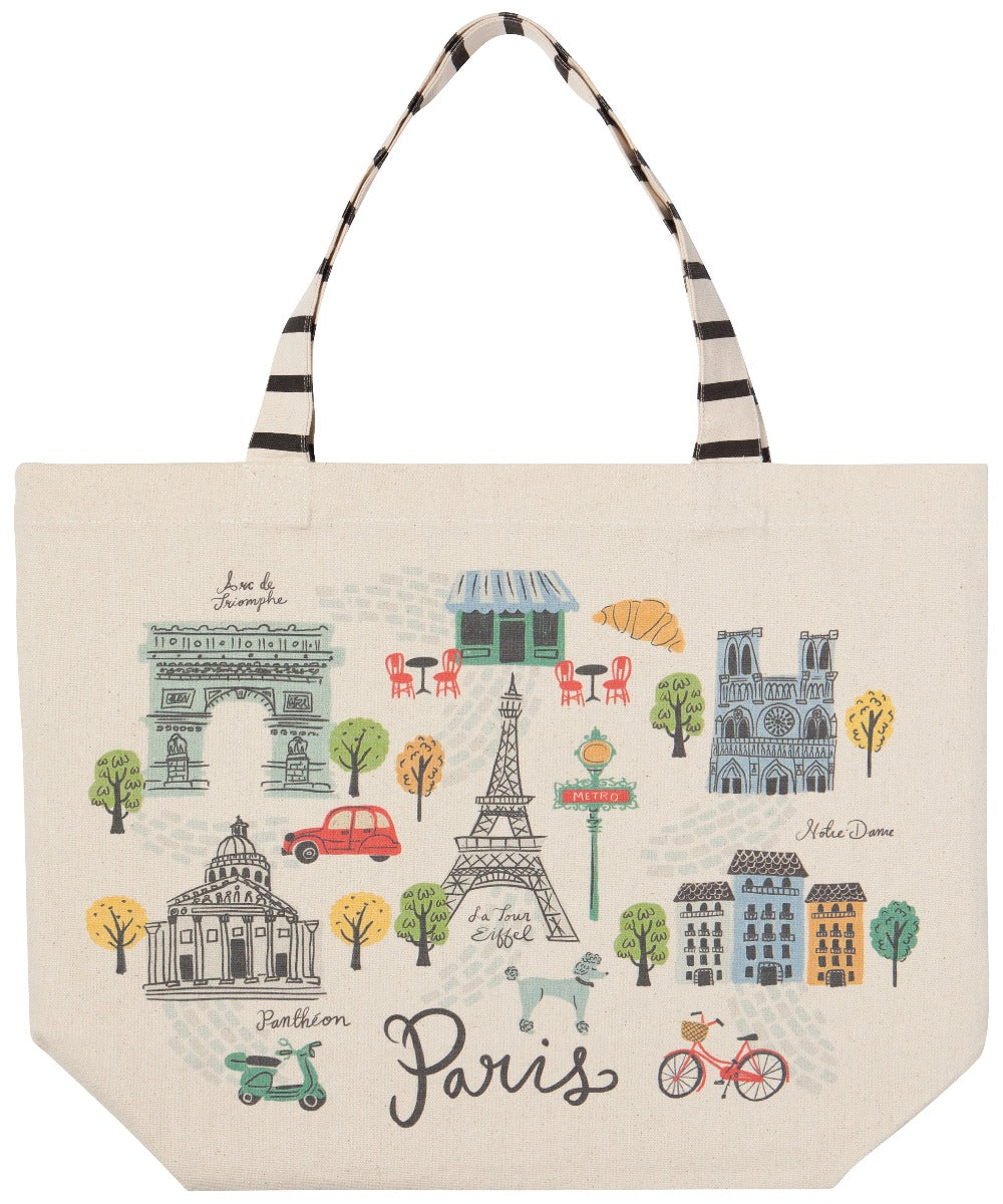 White tote bag with black and white striped handles, and line art of various famous parisian locations with paris in scripture below it 