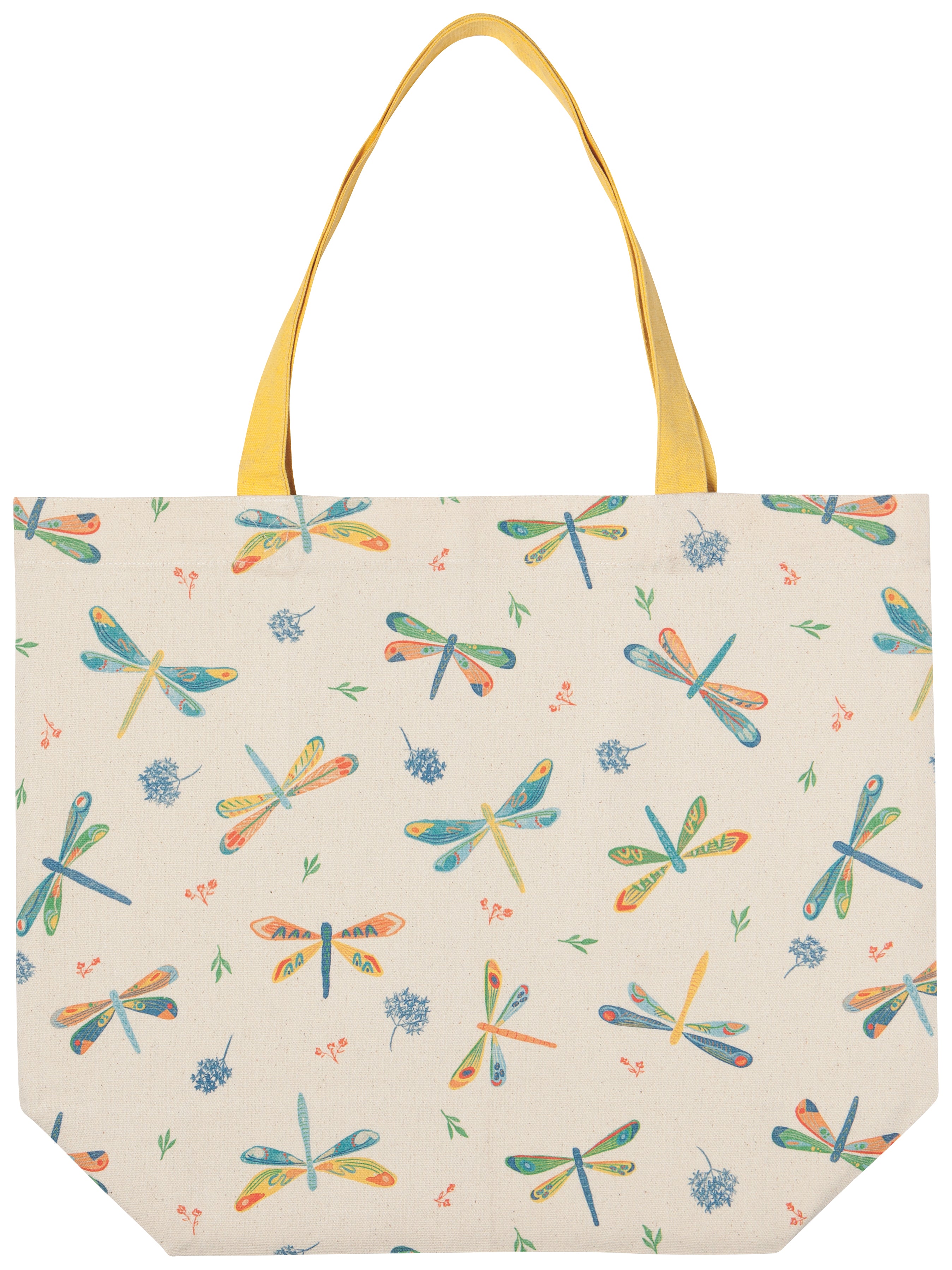 Beige tote with yellow handles, and a vintage colourful dragonfly pattern