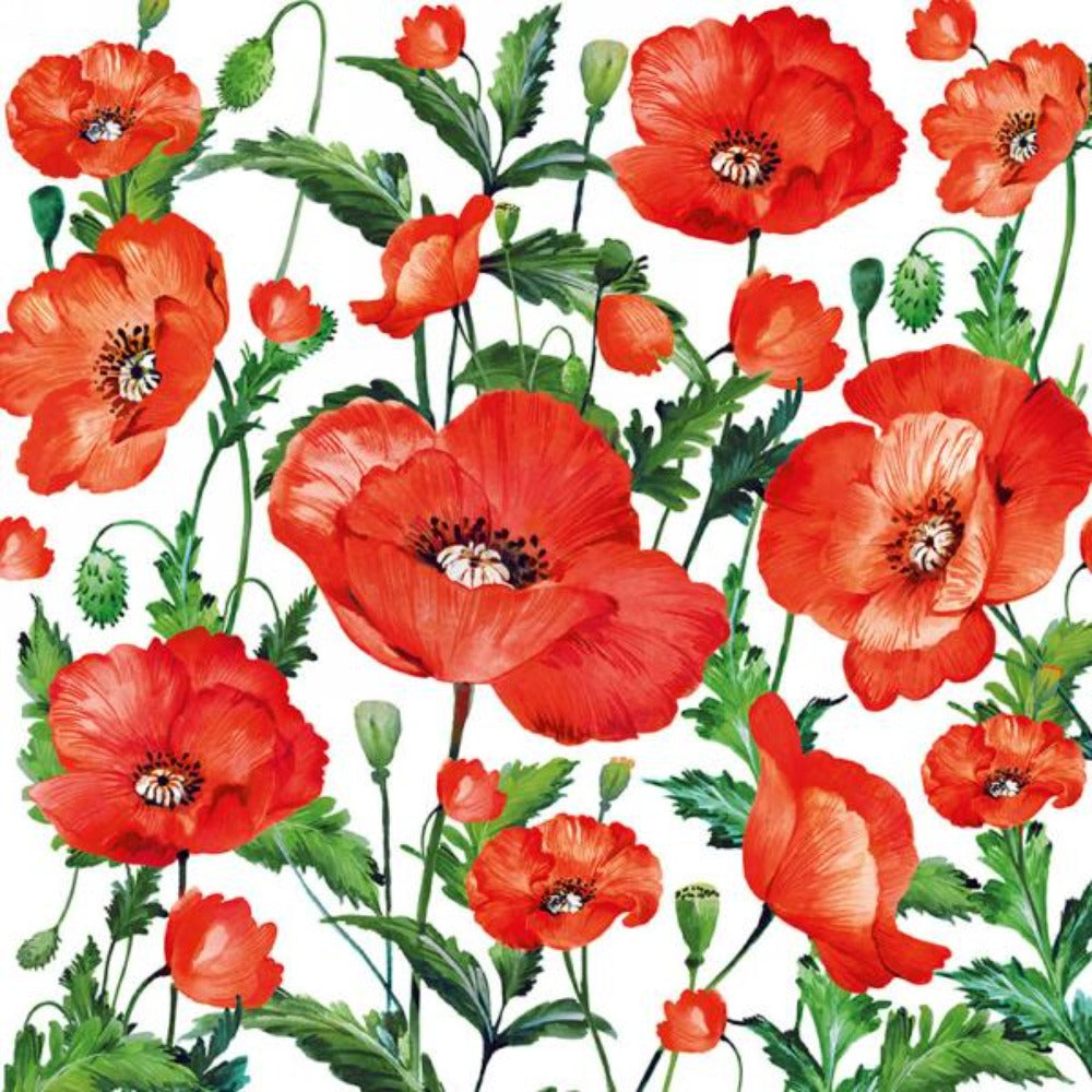 white napkin with various red poppies in various sizes 