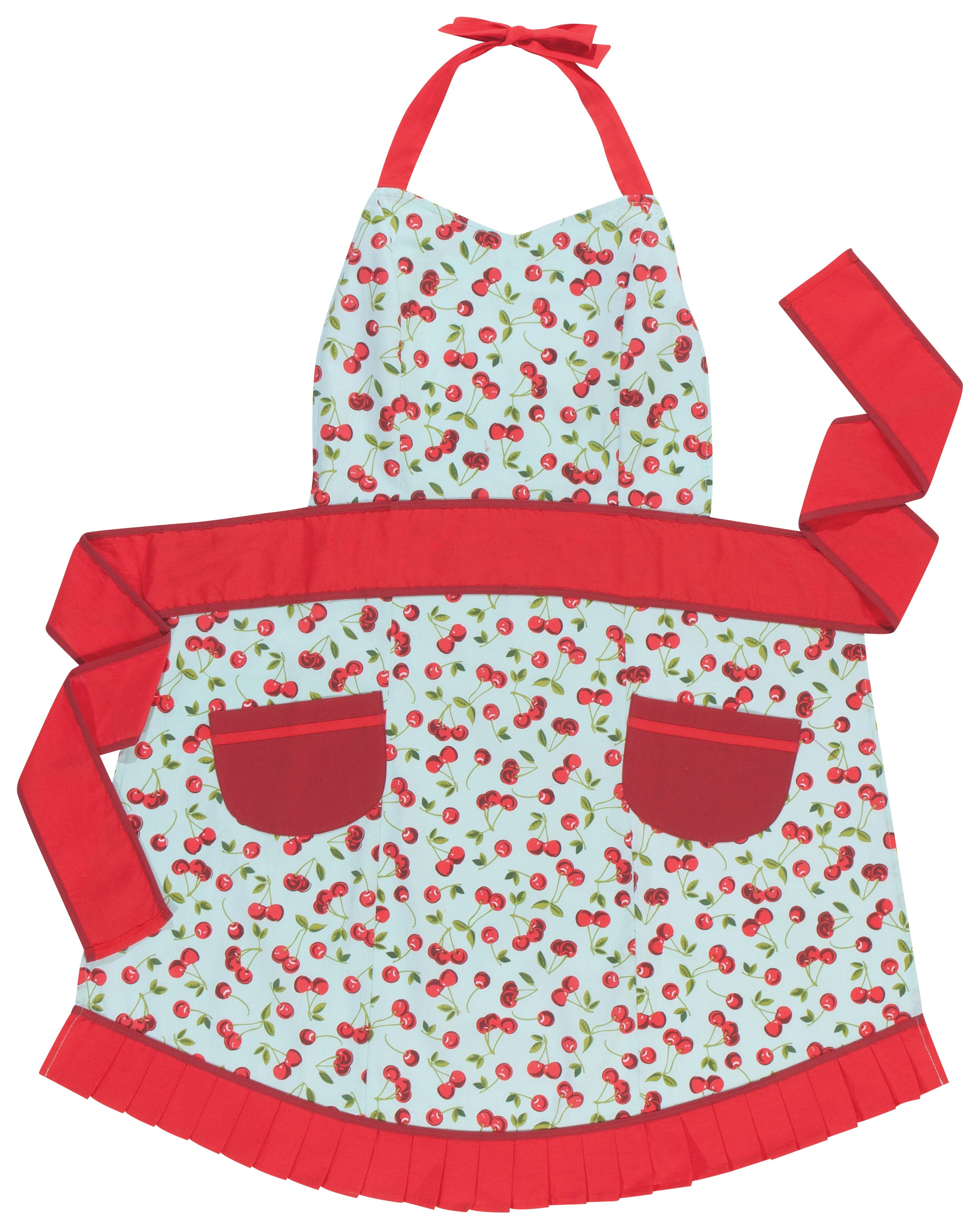 full view of an off-white apron with bunches of cherries printed on it 
