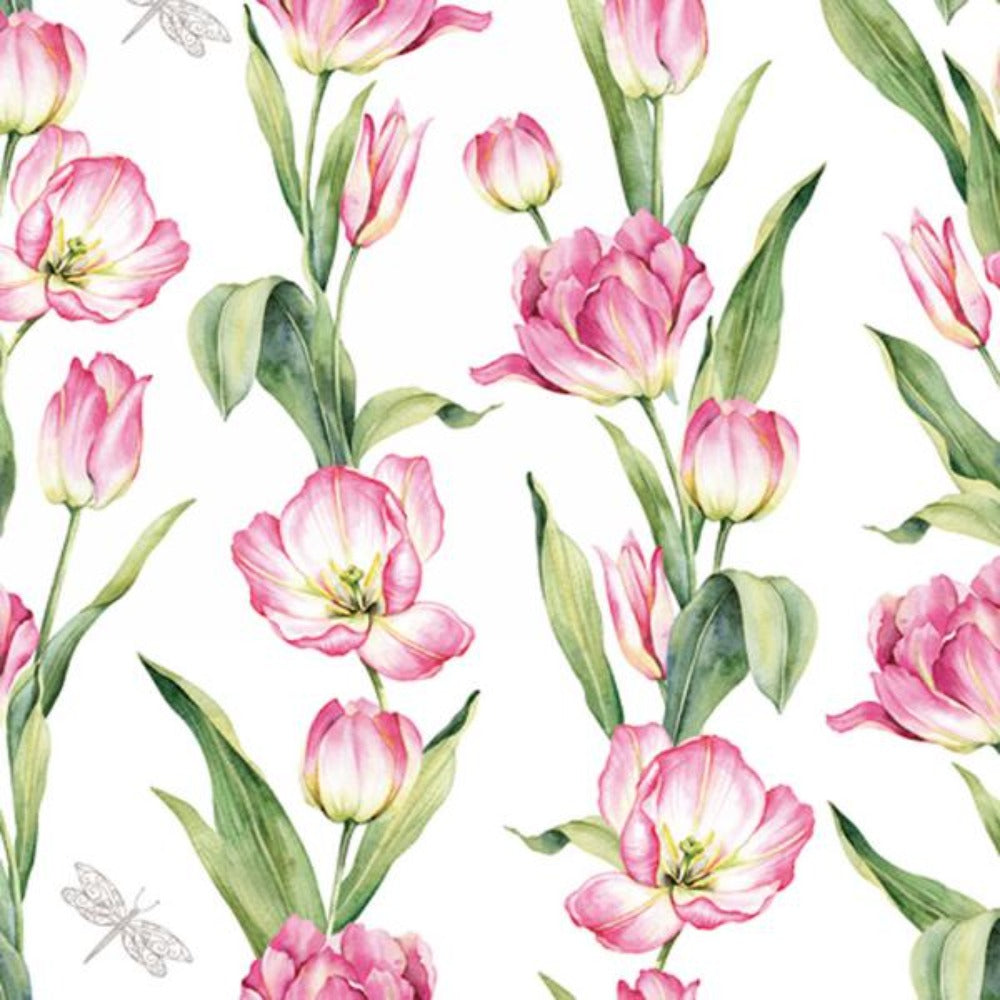 White napkin with various pink tulips with green stems 