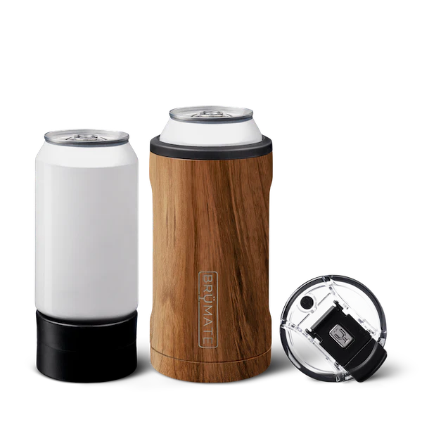 Wood print cylindrical can holder, alongside a black cylindrical can stand with a black lid next to it