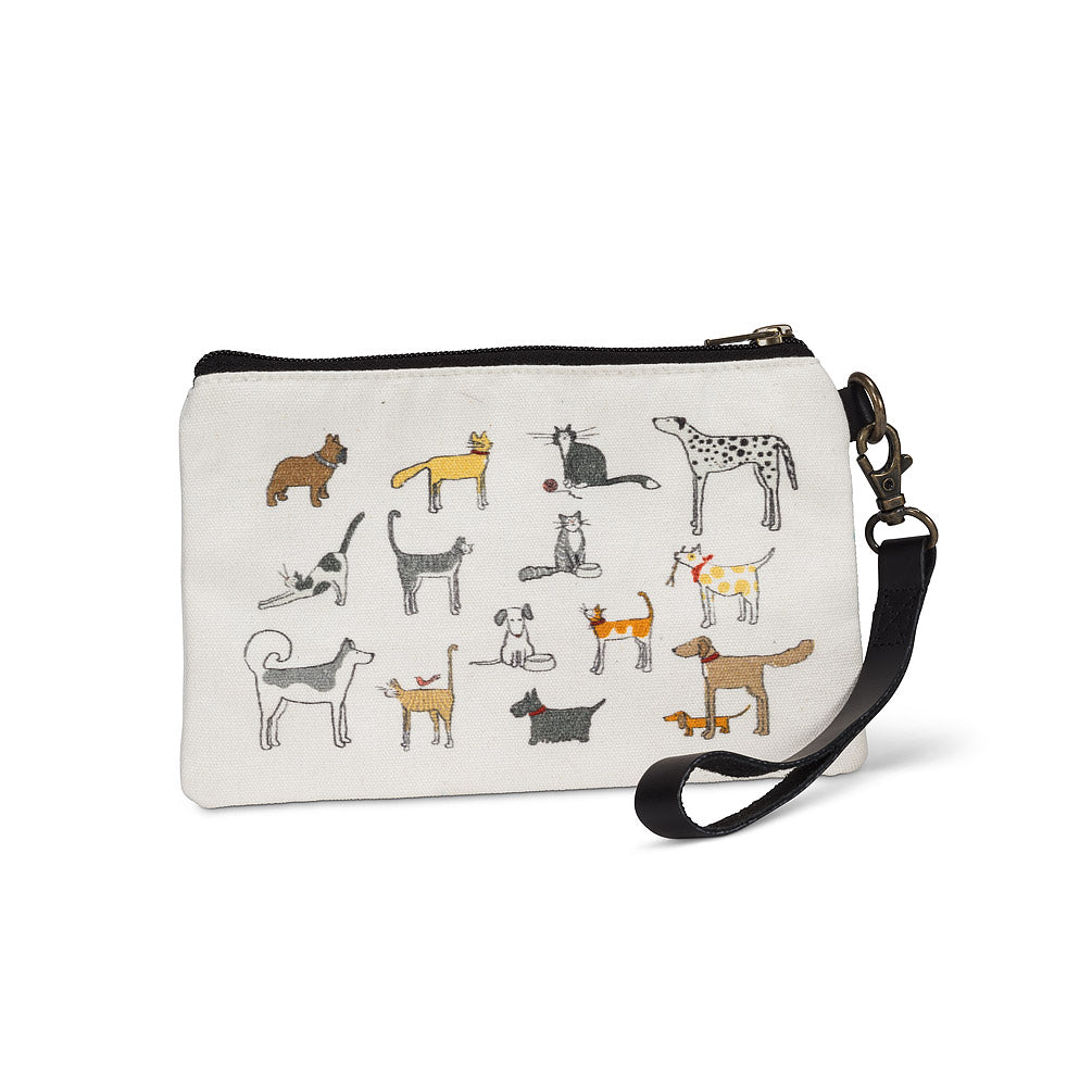 white zip up pouch bag with watercolour drawings of various dogs and cats 