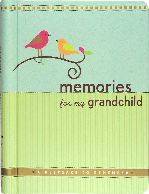 light blue and green cover with two multi-coloured birds on a branch with the text memories for my grandchild