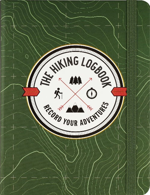 Green notebook cover with a geological map background, with a circular logo that says "the hiking logbook" and "record your adventures"