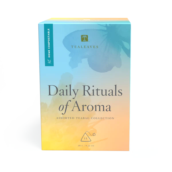light blue, and orange gradient box with thye tealeaves logo, and the text "Daily Rituals of Aroma"