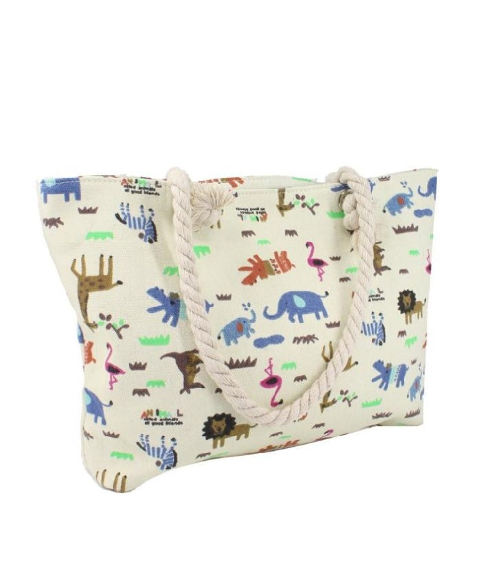 white tote bag with white rope handle and various multicoloured cartoon animals