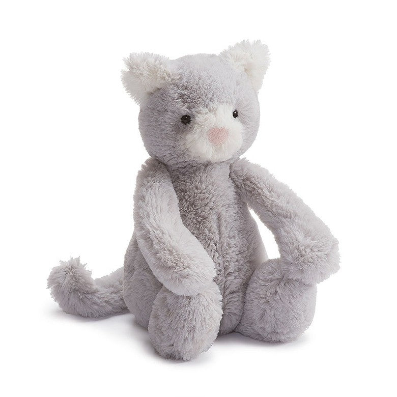 light grey plush cat with white ears and nose 