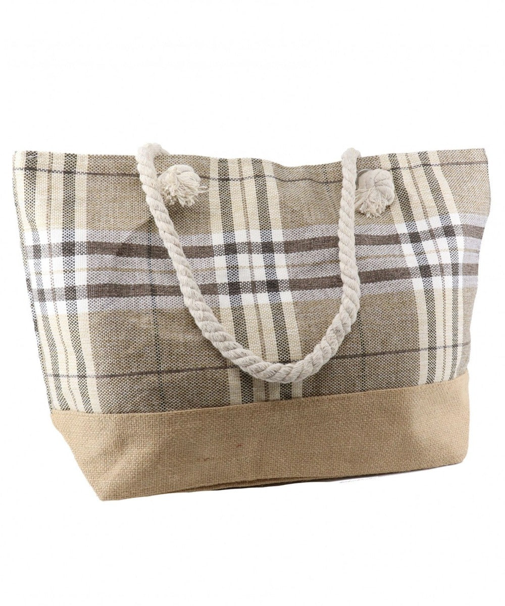 Light brown tote bag with a cream, grey, and brown plaid patterns, white rope handles, and a beige base  