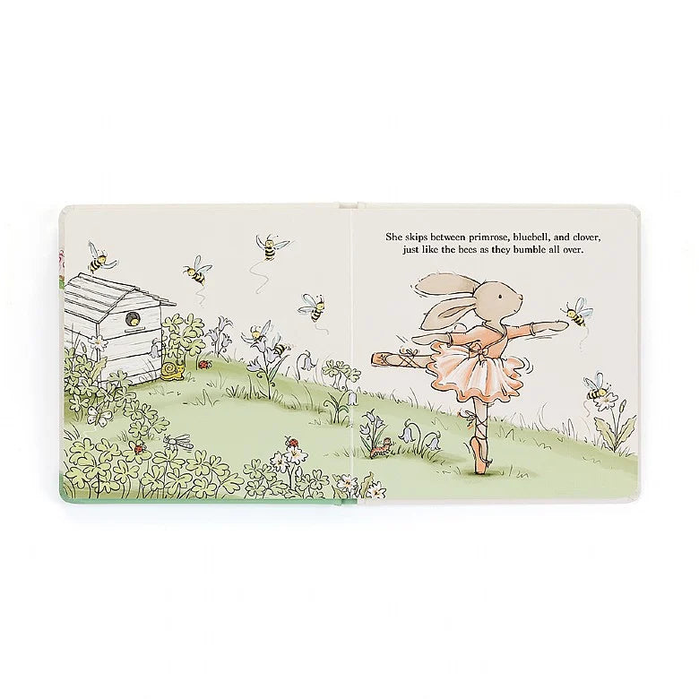 two pages featuring a light grey bunny doing ballet on a flowery hill, next to a bee house 