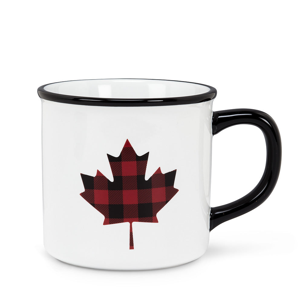 White mug with black rim and handle, with a red and black buffalo plaid in the middle 