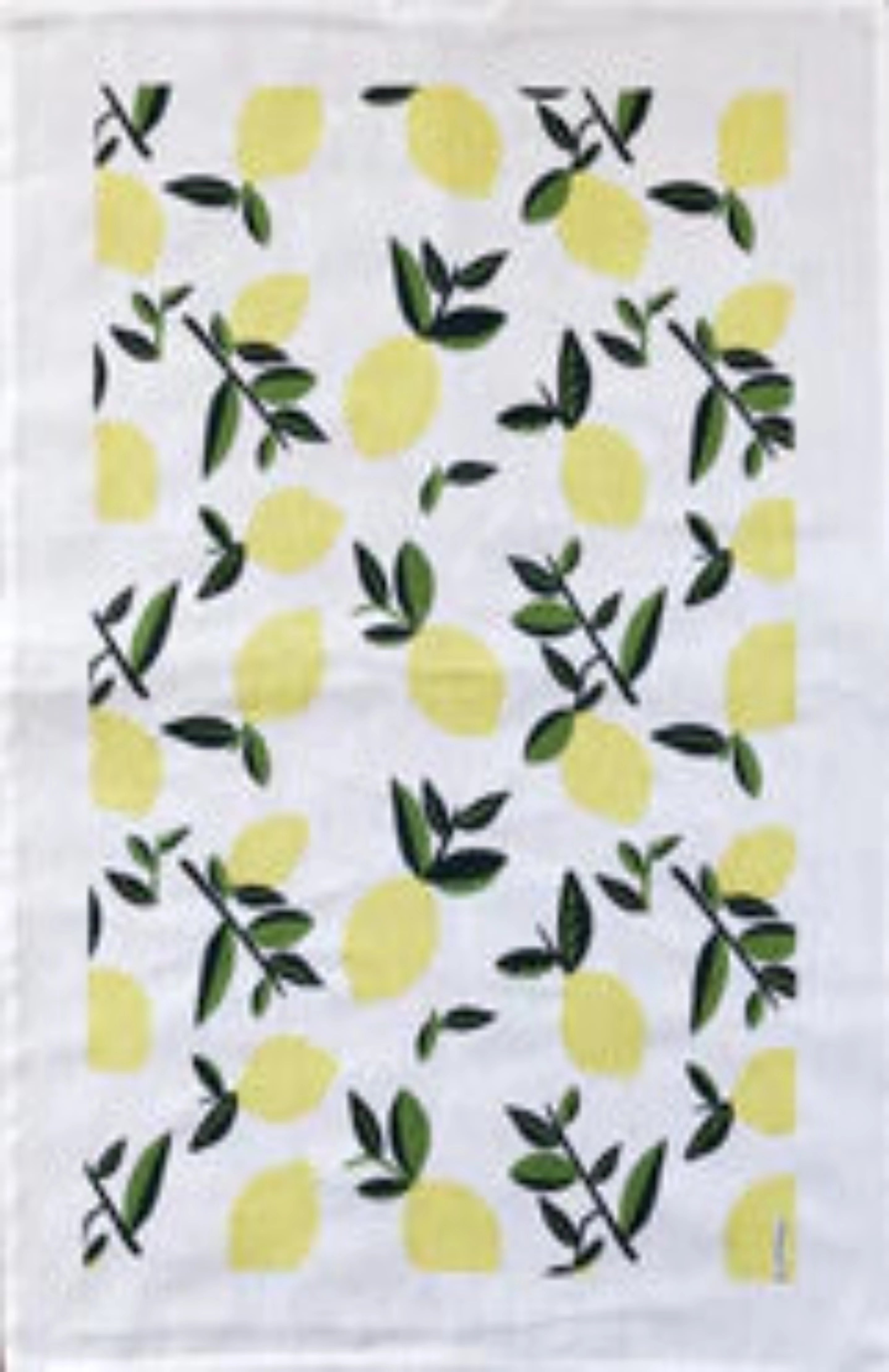 White tea towel with yellow lemons and green stems 