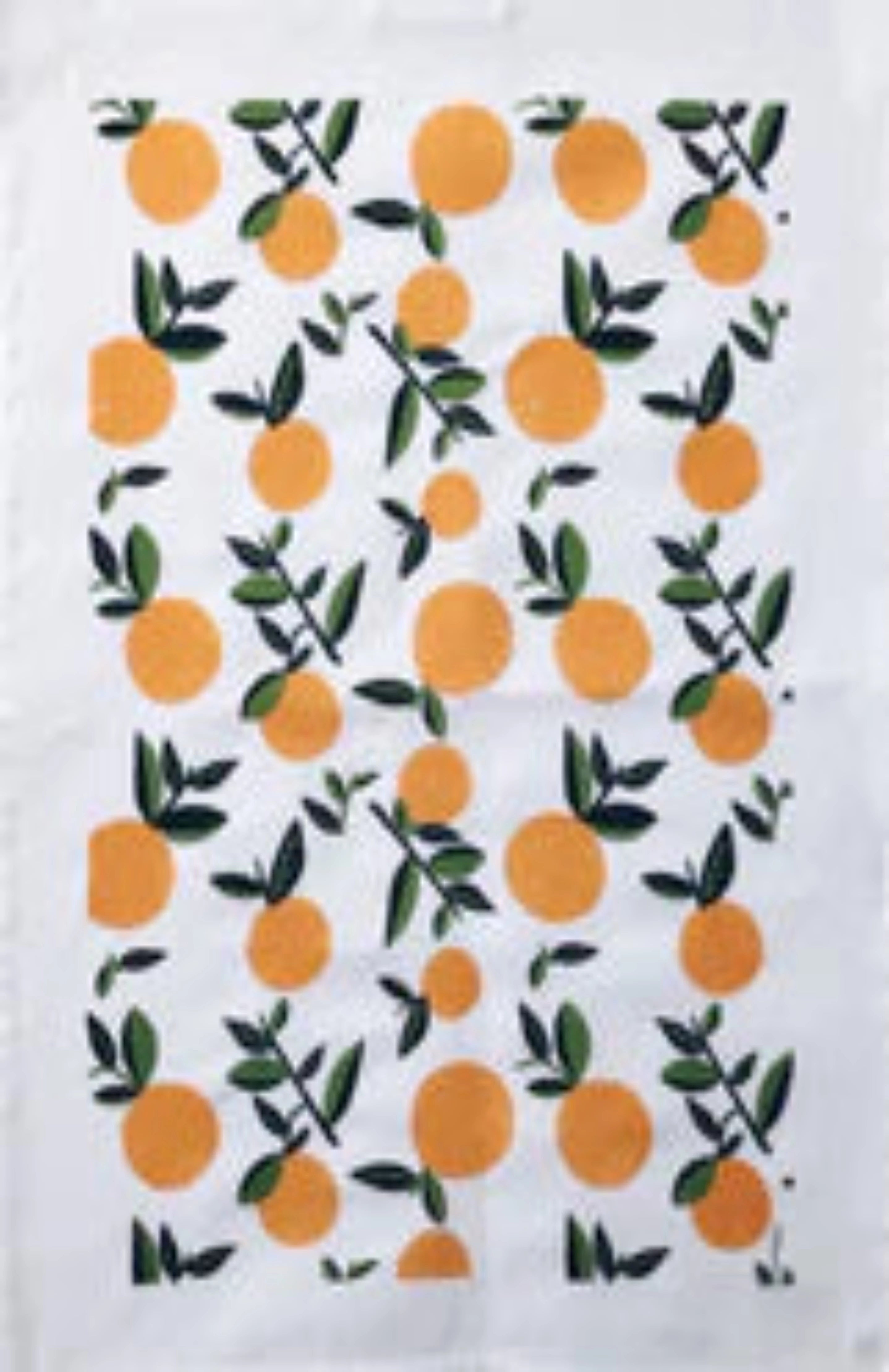 White kitchen towel with pattern of oranges with green stems 