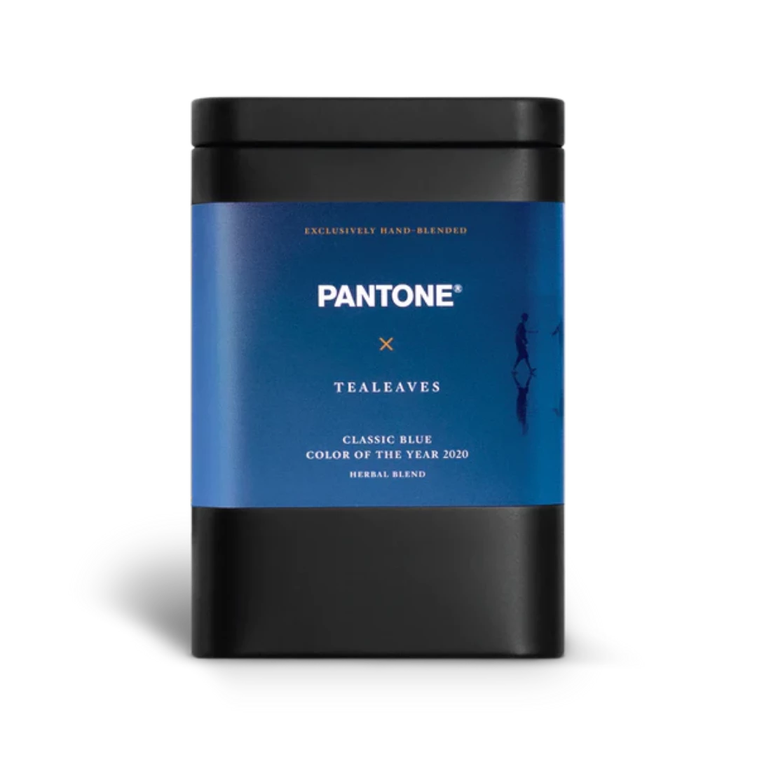 Black rectangular container with a large blue label that has the pantone and tealeaves logo with the product name classic blue 