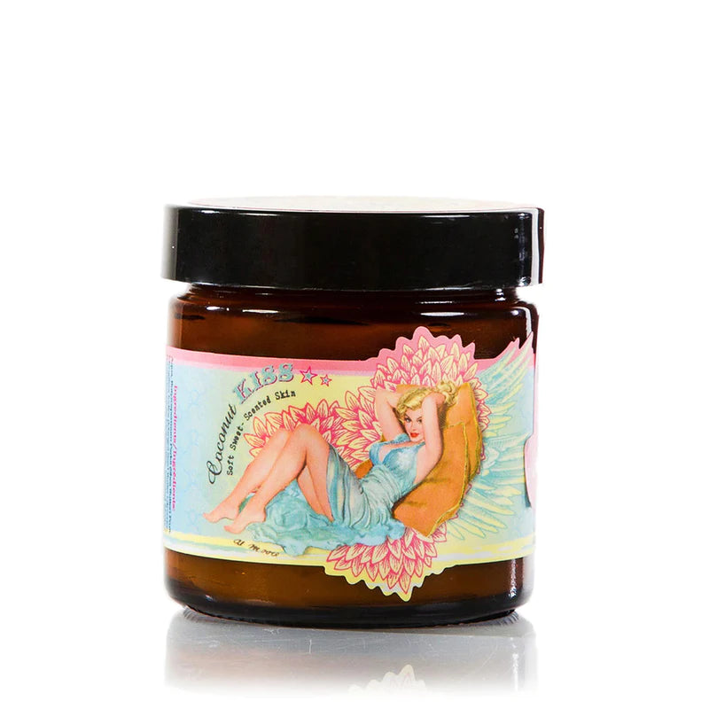 glass hand cream jar with a light blue, light yellow, and pink label with a blonde pin up model wearing a light blue dress