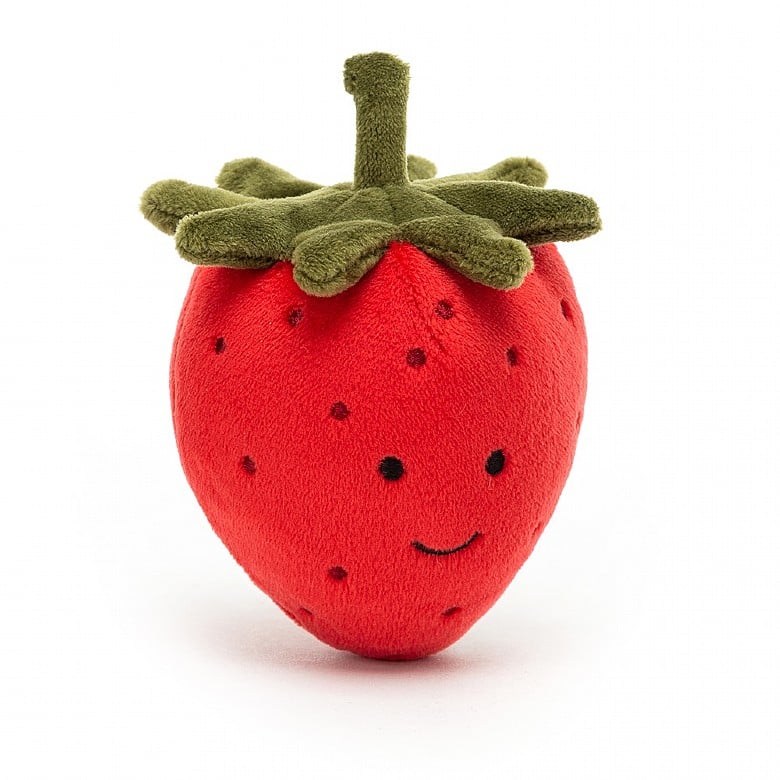 Red smiling plush strawberry with dark red freckles and a green stem