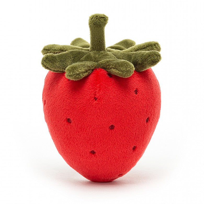 rear view of a red plush strawberry with dark red freckles and a green stem