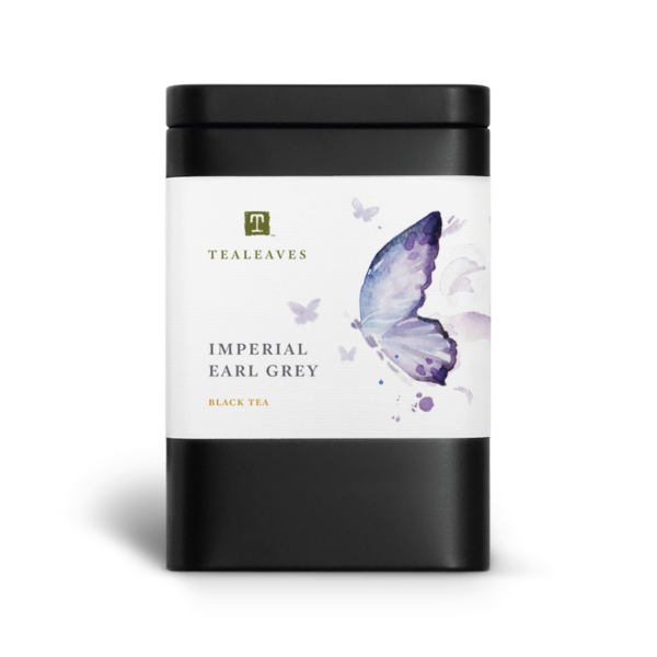 Black rectangular container with a large white label that has the tealeaves logo and product name imperial earl grey