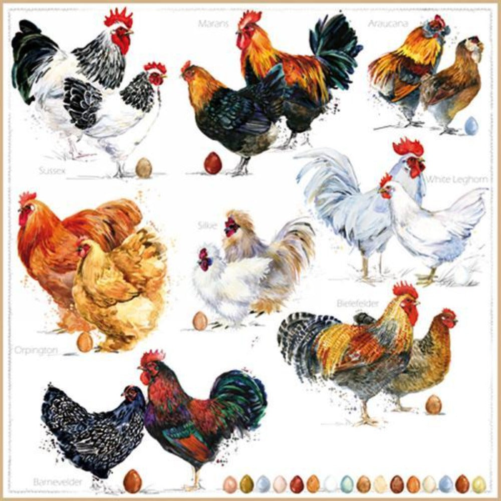 white napkins with various roosters of different colours, and differently coloured eggs in a row at the bottom
