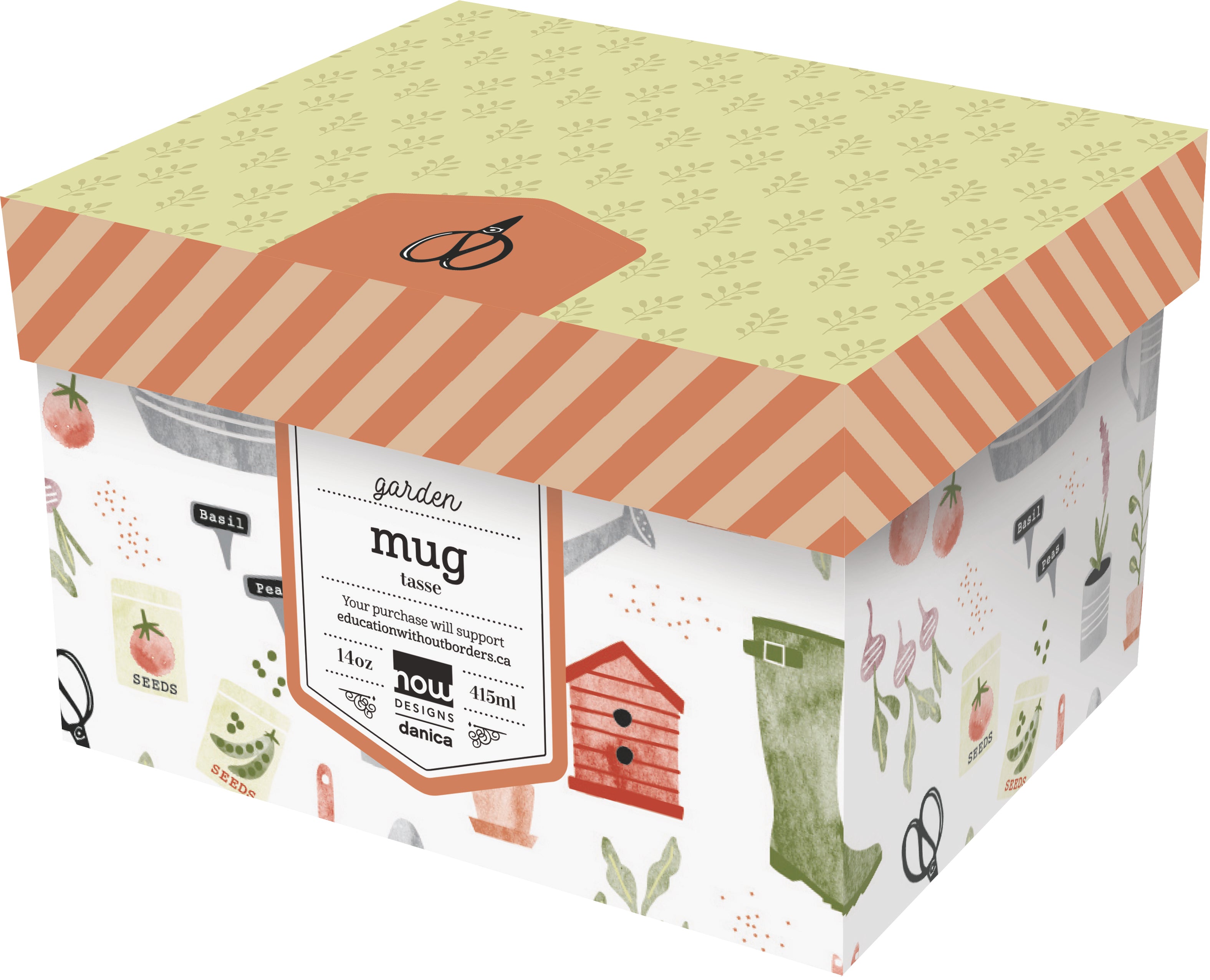 box with different, yellow, orange, and white patterns featuring different garden related images and a product label