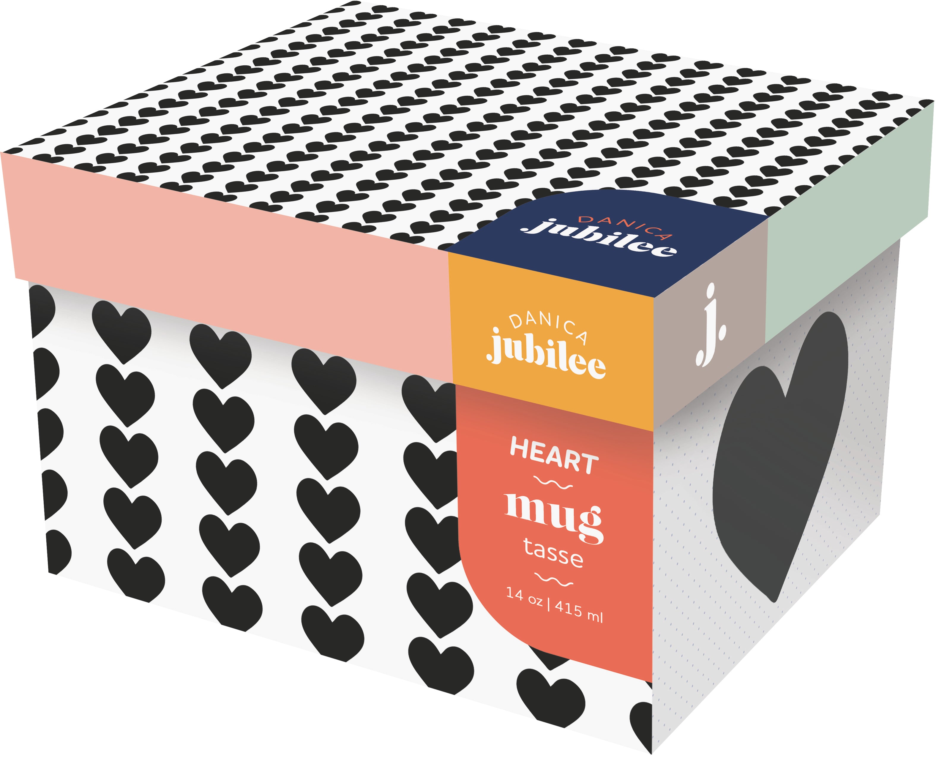 box with various different patterns on each side, majority of them feature black hearts on a white background