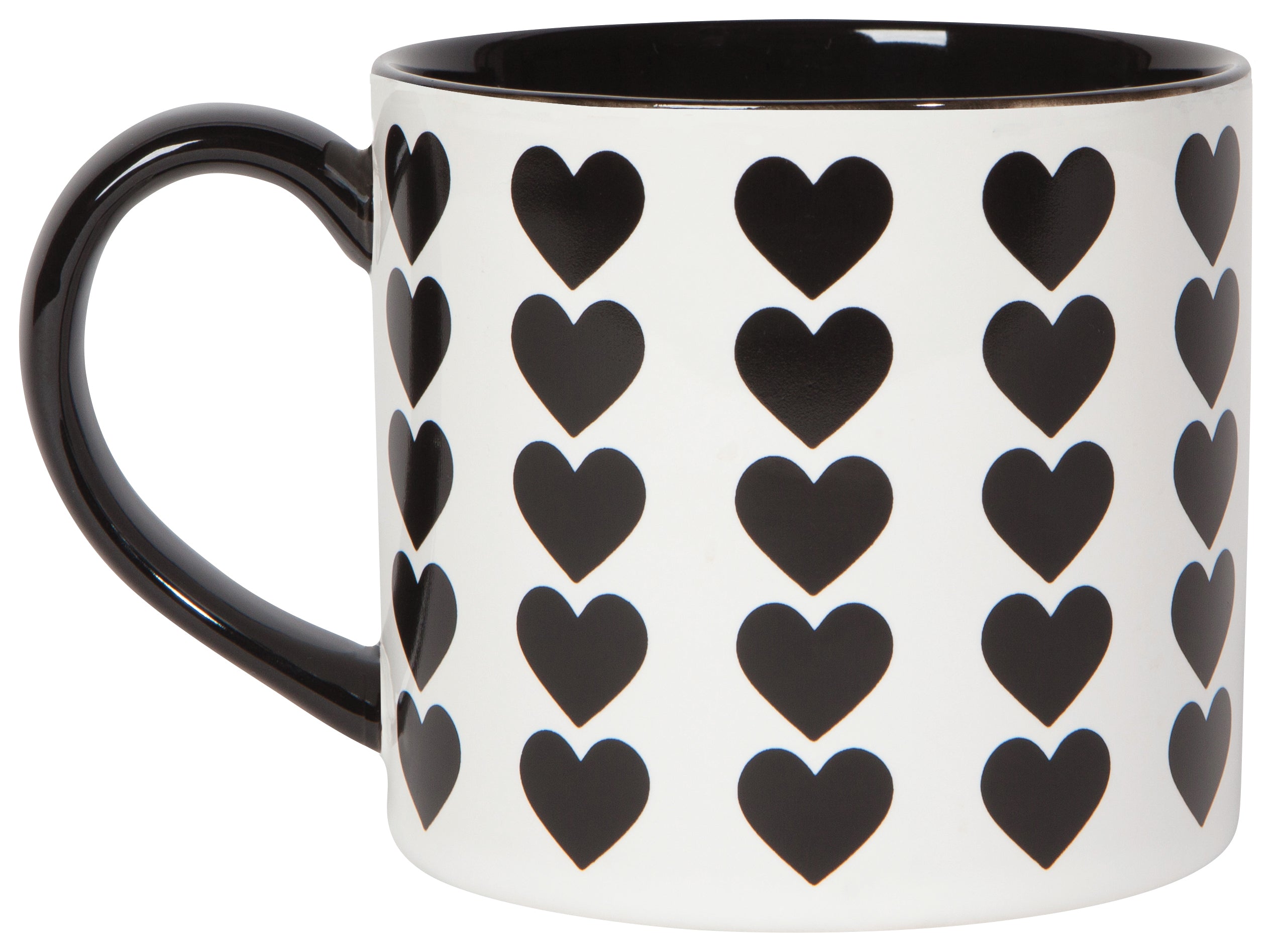 white mug with black interior and handle, with black hearts in a pattern printed on the exterior