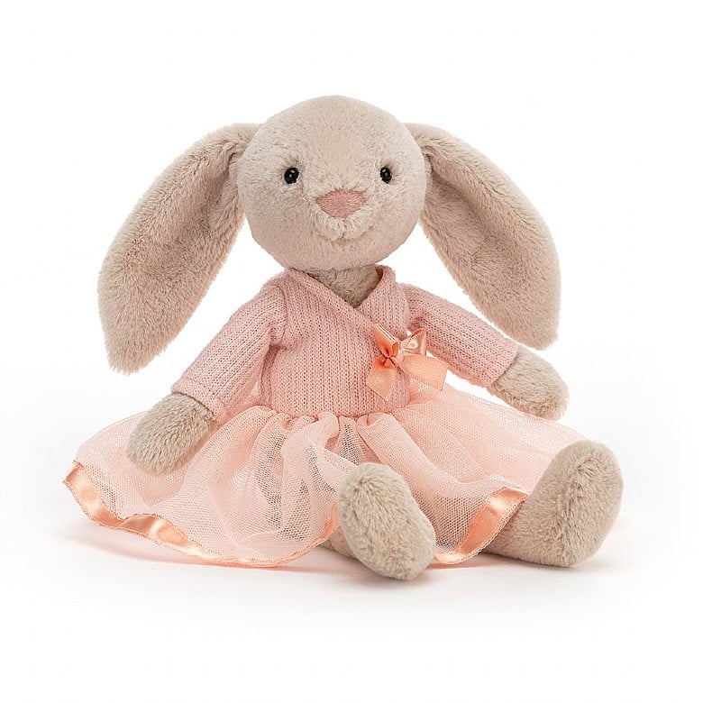grey fluffy plush bunny wearing a pink dress 